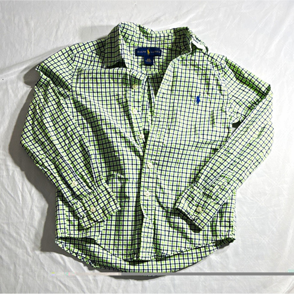 Ralph Lauren Boys Size 8 Plaid Cotton Long Sleeve Button-Up Shirt Green Blue